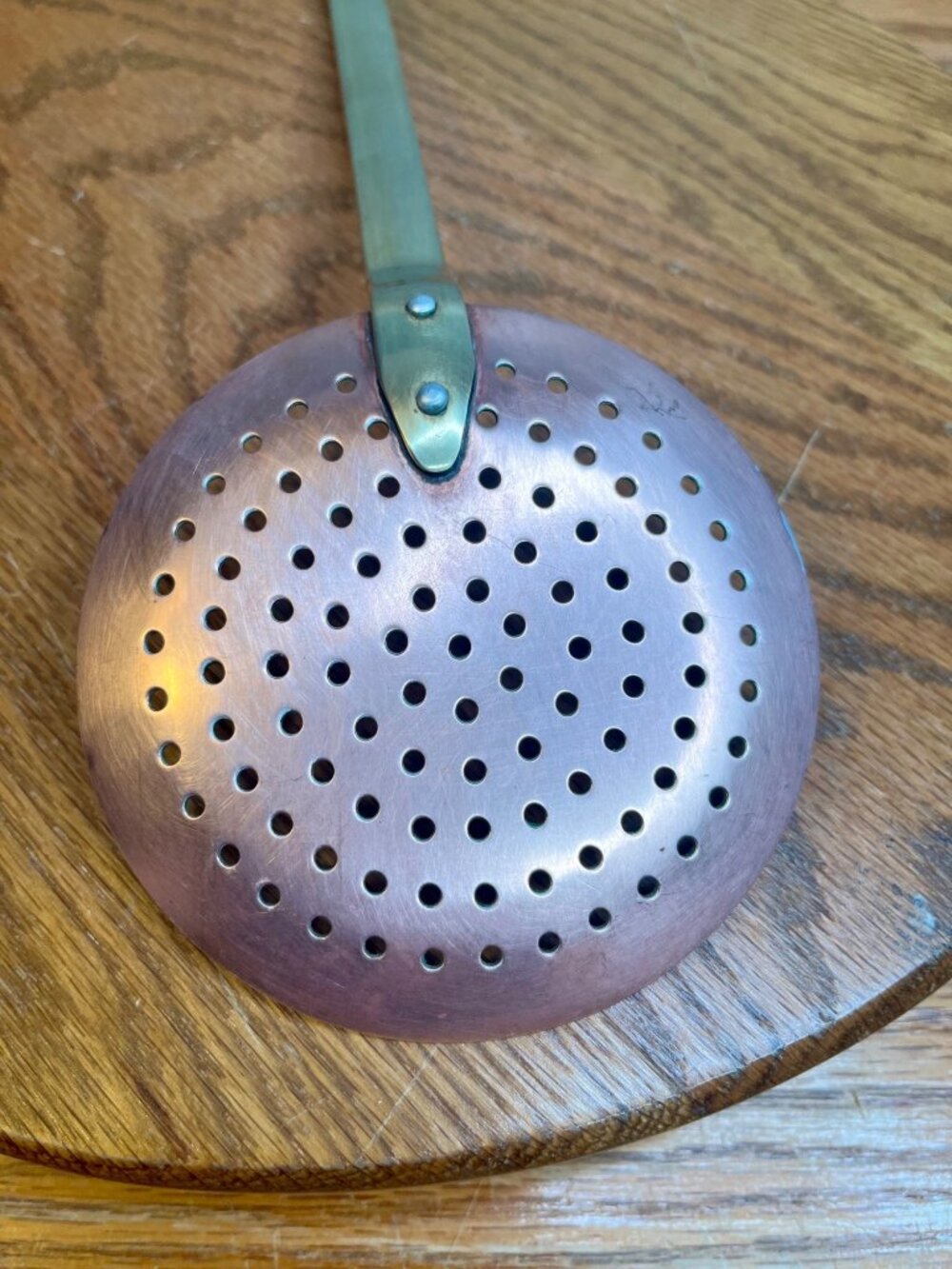 Vintage Copper Skimmer/ Strainer with Long Brass Handle - Picture 9 of 10
